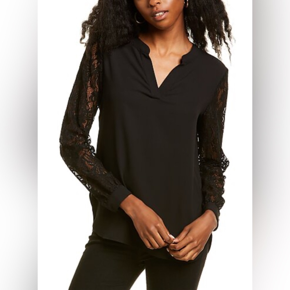 Anne Klein NWT Black Long Sleeve Lace Detail Blouse Size Large